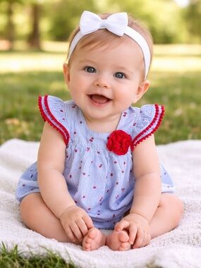 Baby Essentials Blue and White Striped Romper with Red Ladybug Accents